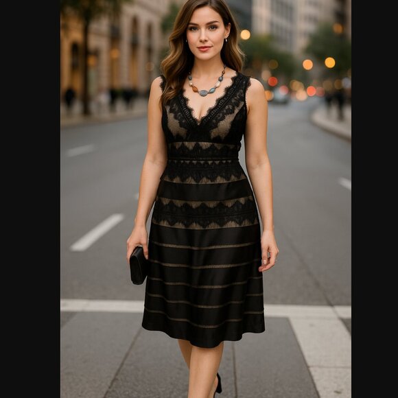 JS Collections Lace Sleeveless Dress 6P PETITE V-Neck Mesh Black Nude Cocktail - Picture 1 of 10